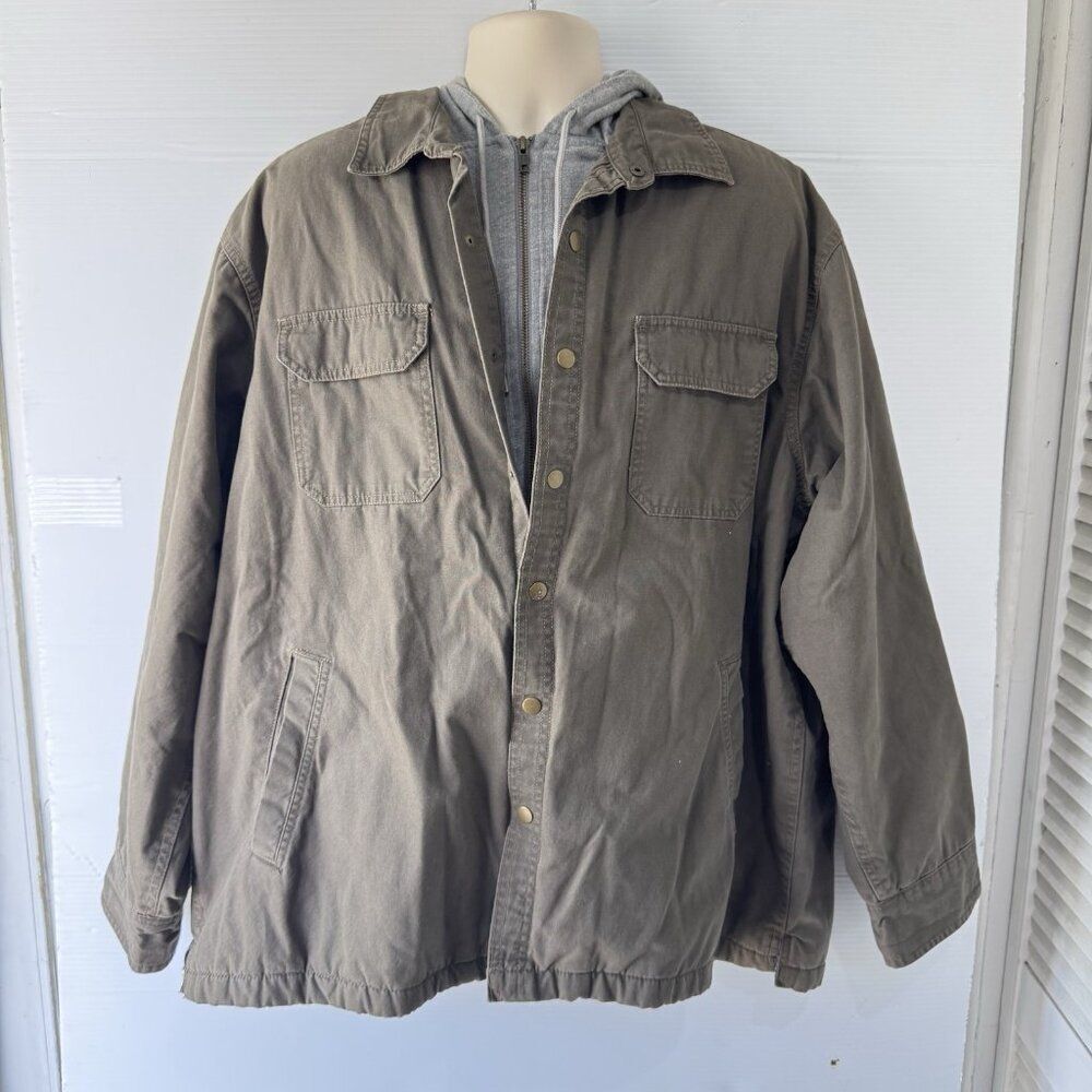 Faded Glory Mens XL Khaki Olive Green Military Hooded Shacket Coat Casual